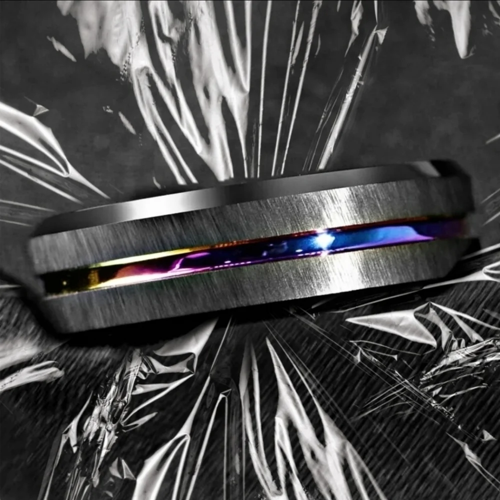 Unisex Ring ✦ Stainless Steel Rainbow Rhodium Channel ✦ Black Brushed 8mm NWT